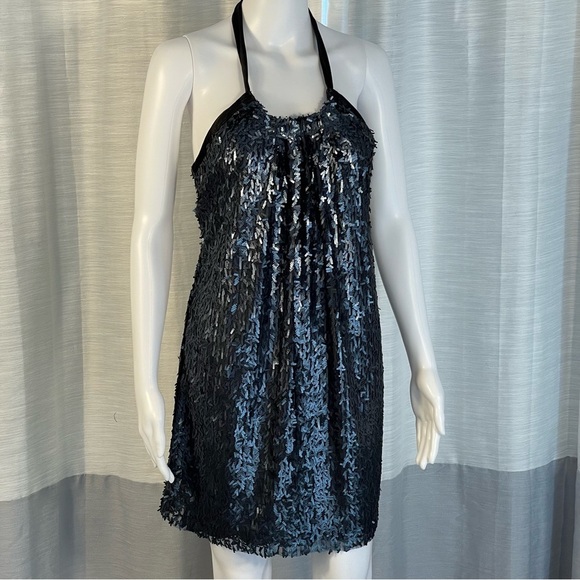 NWT B Darlin Black Sequin Halter Backless Bow Mini Shift Dress Sz 7/8 - Picture 1 of 11